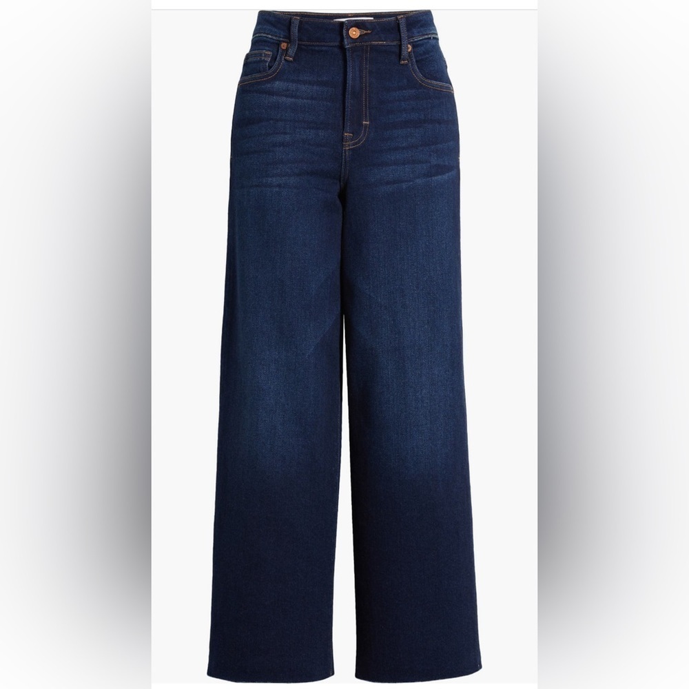 HIDDEN High Rise Wide Leg Jeans Frayed Hem Dark Blue Stretchy ankle crop - Picture 2 of 14
